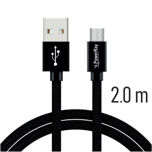 PowerRay Data Cable PR-DCUM200TBK, USB / MICRO USB, 2.0 m, Textile black, Blister 