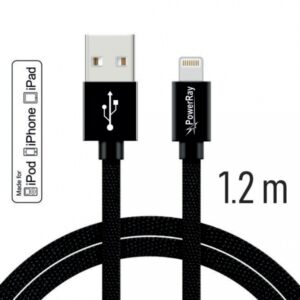 PowerRay Data Cable PR-DCUL120TBK, USB / LIGHTNING MFi, 1.2 m, Textile black, Blister