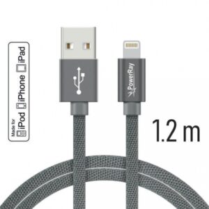 PowerRay Data Cable PR-DCUL120TGY, USB / LIGHTNING MFi, 1.2 m, Textile grey, Blister